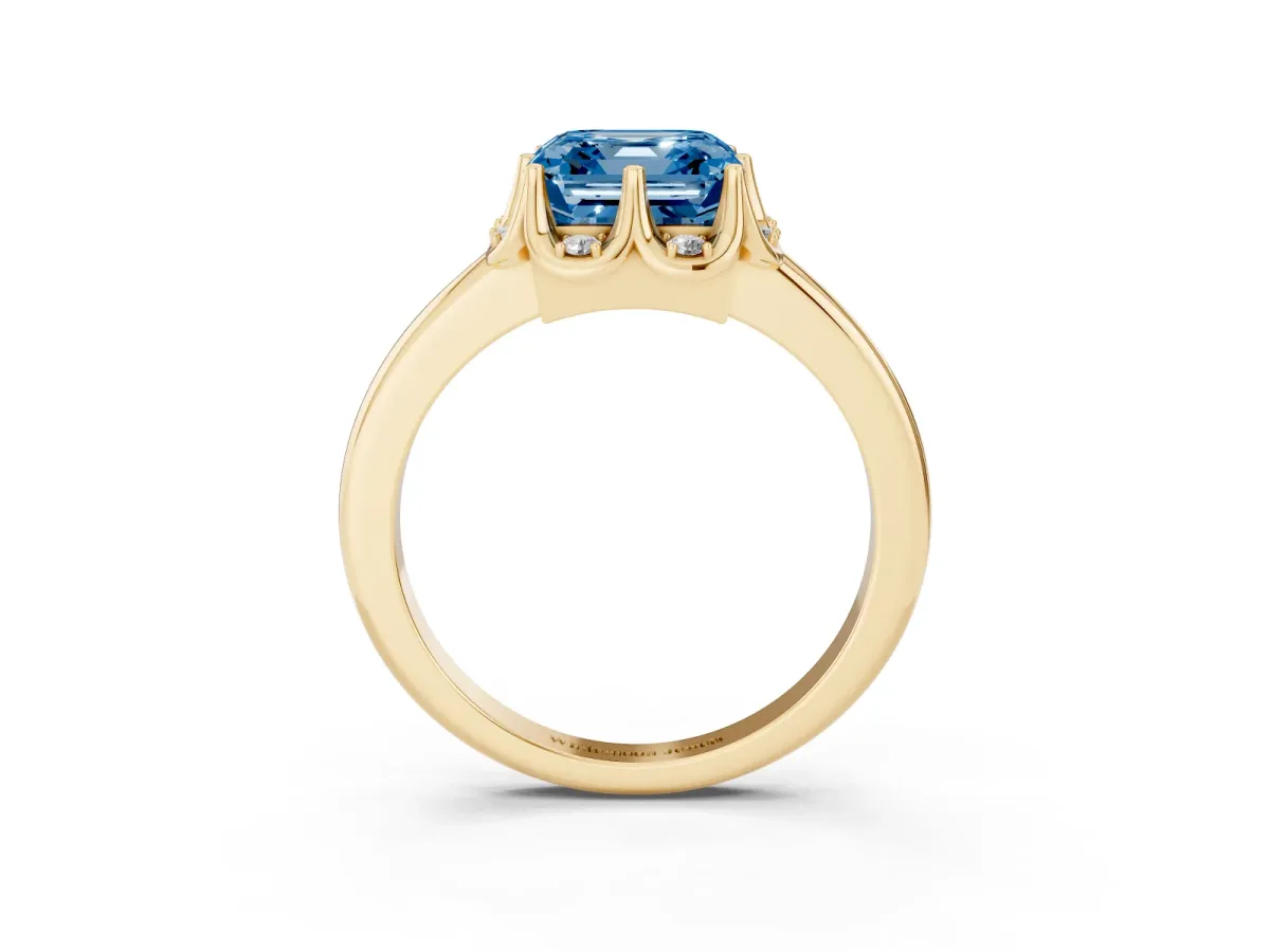 Fancy Blue Asscher Cut Halo Diamond Ring with Round Cluster Setting, Solitaire Band, and Four-Prong Setting Yellow gold