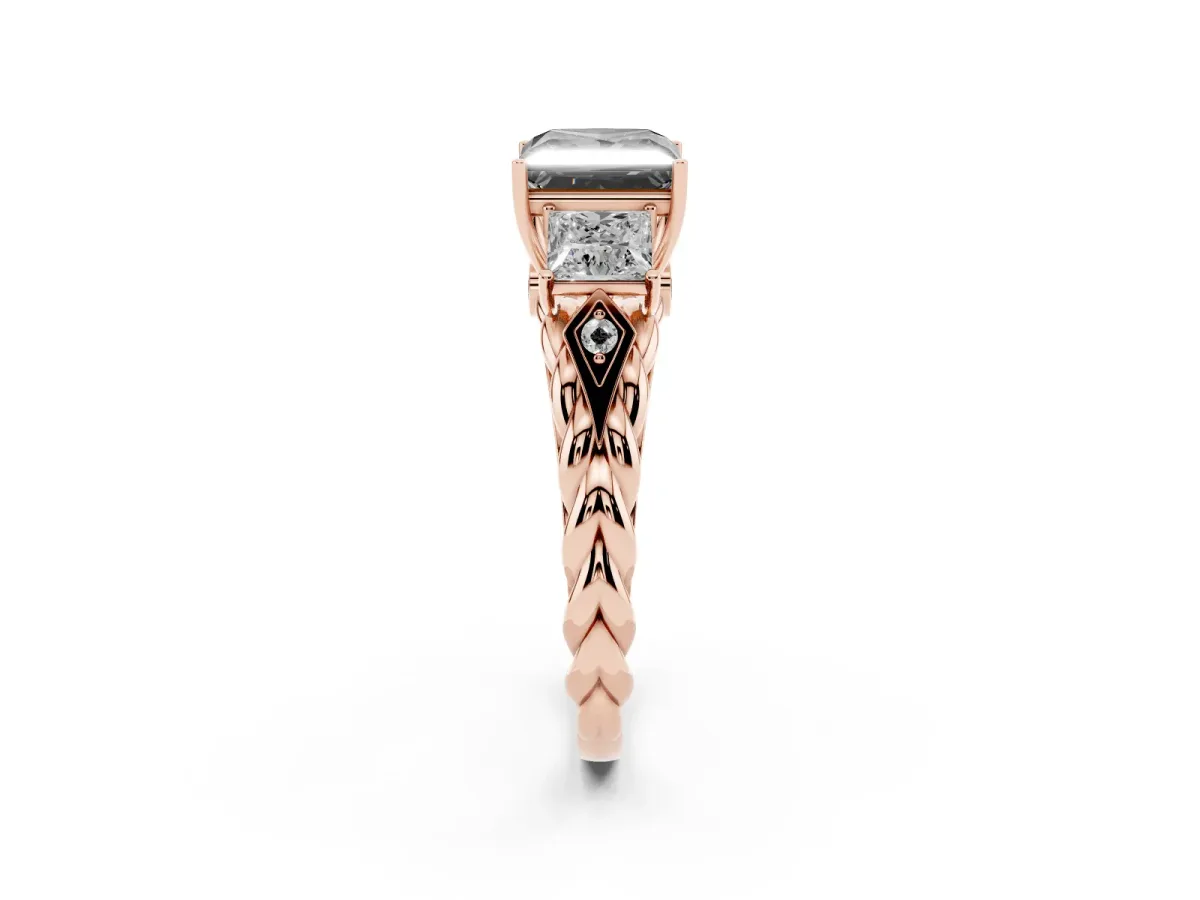 Fancy Black Three-Stone Princess Cut Diamond Braided Band Ring with Four-Prong Setting Rose gold