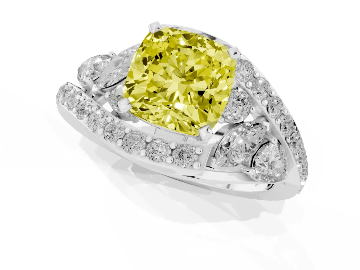 Fancy Yellow Cushion Cut Diamond Halo Ring with Marquise and Pavé Band in Prong Setting Silver