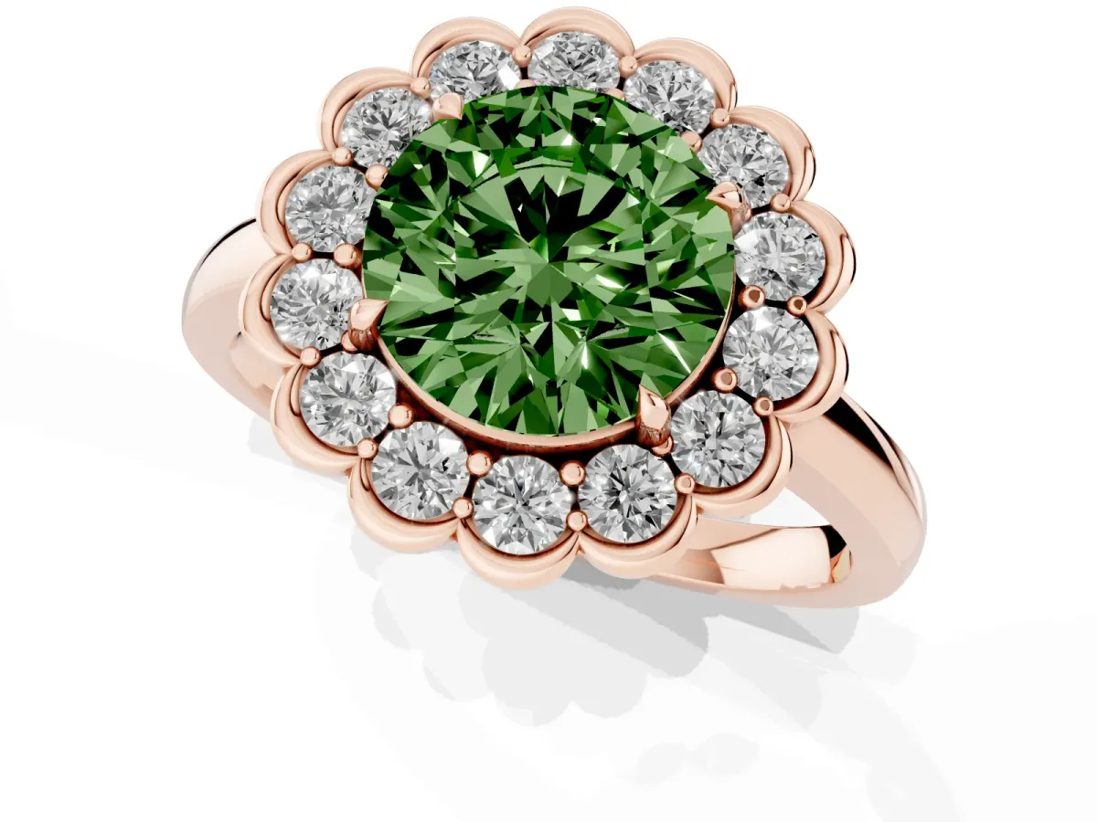 Fancy Green Round Cut Halo Cluster Diamond Engagement Ring with Solitaire Band and Prong Setting Rose gold