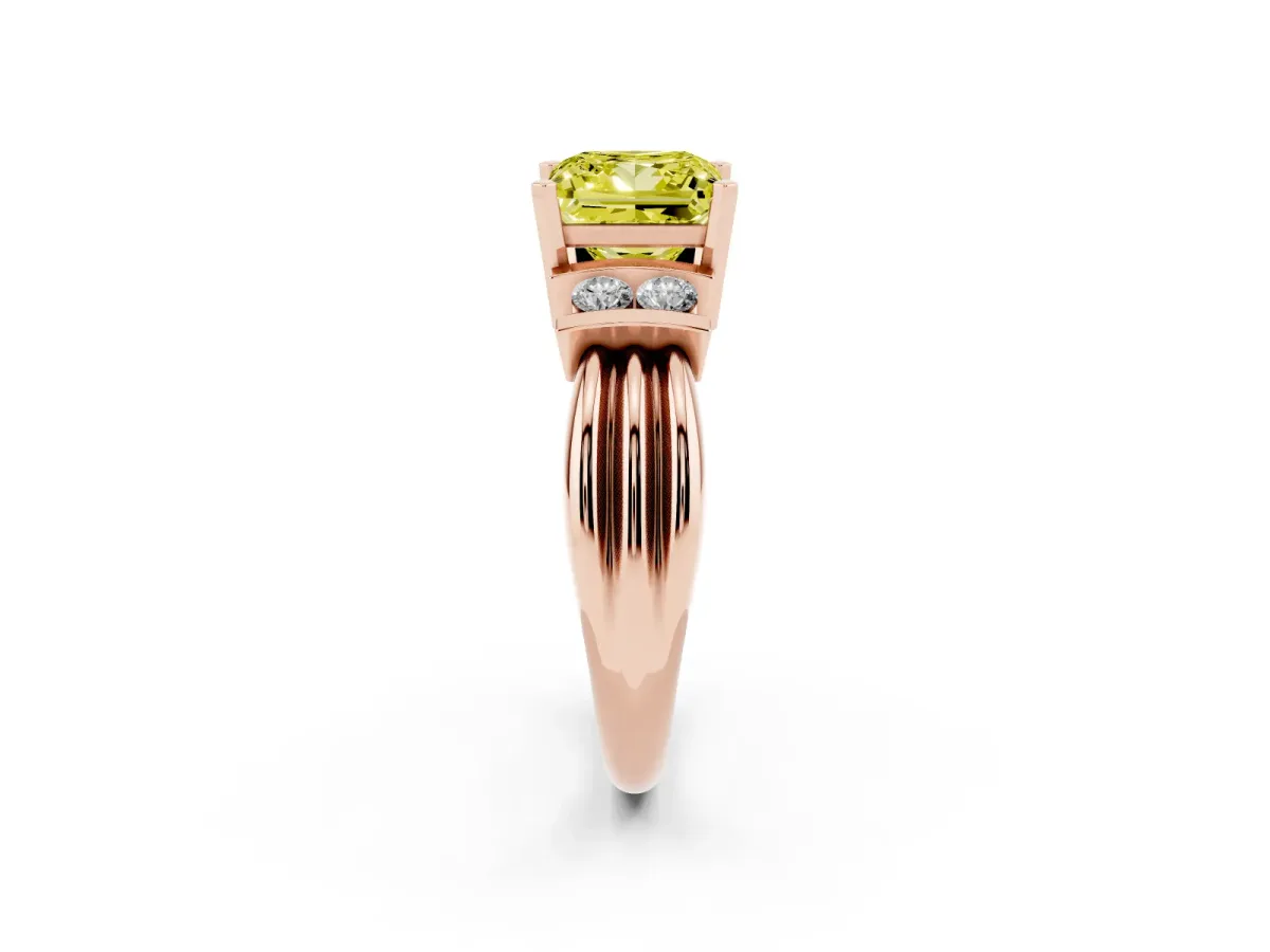 Fancy Yellow Princess Cut Cut Three-Stone Channel Set Ring with Bar Prongs Rose gold
