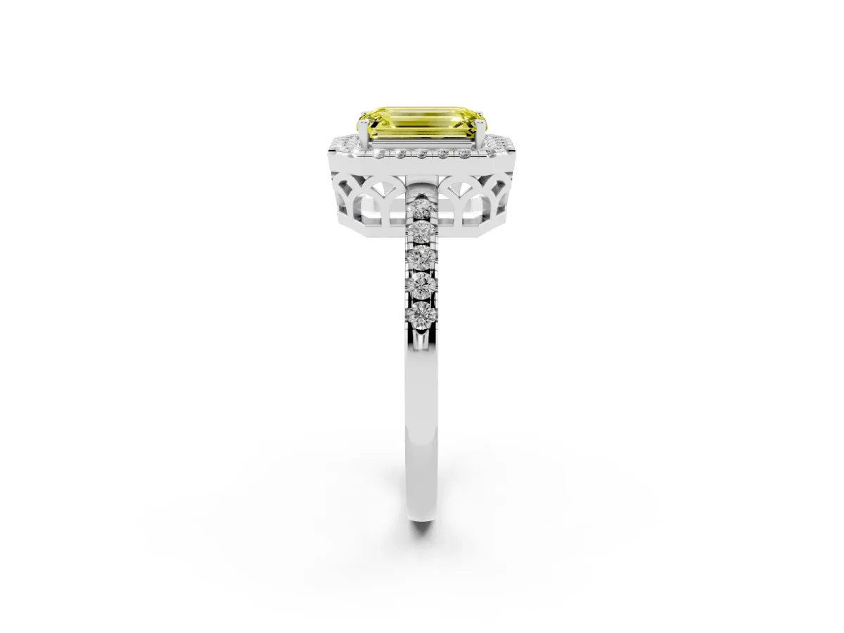 Fancy Yellow Emerald Cut Halo Diamond Engagement Ring with Pavé Band and Four-Prong Setting Silver