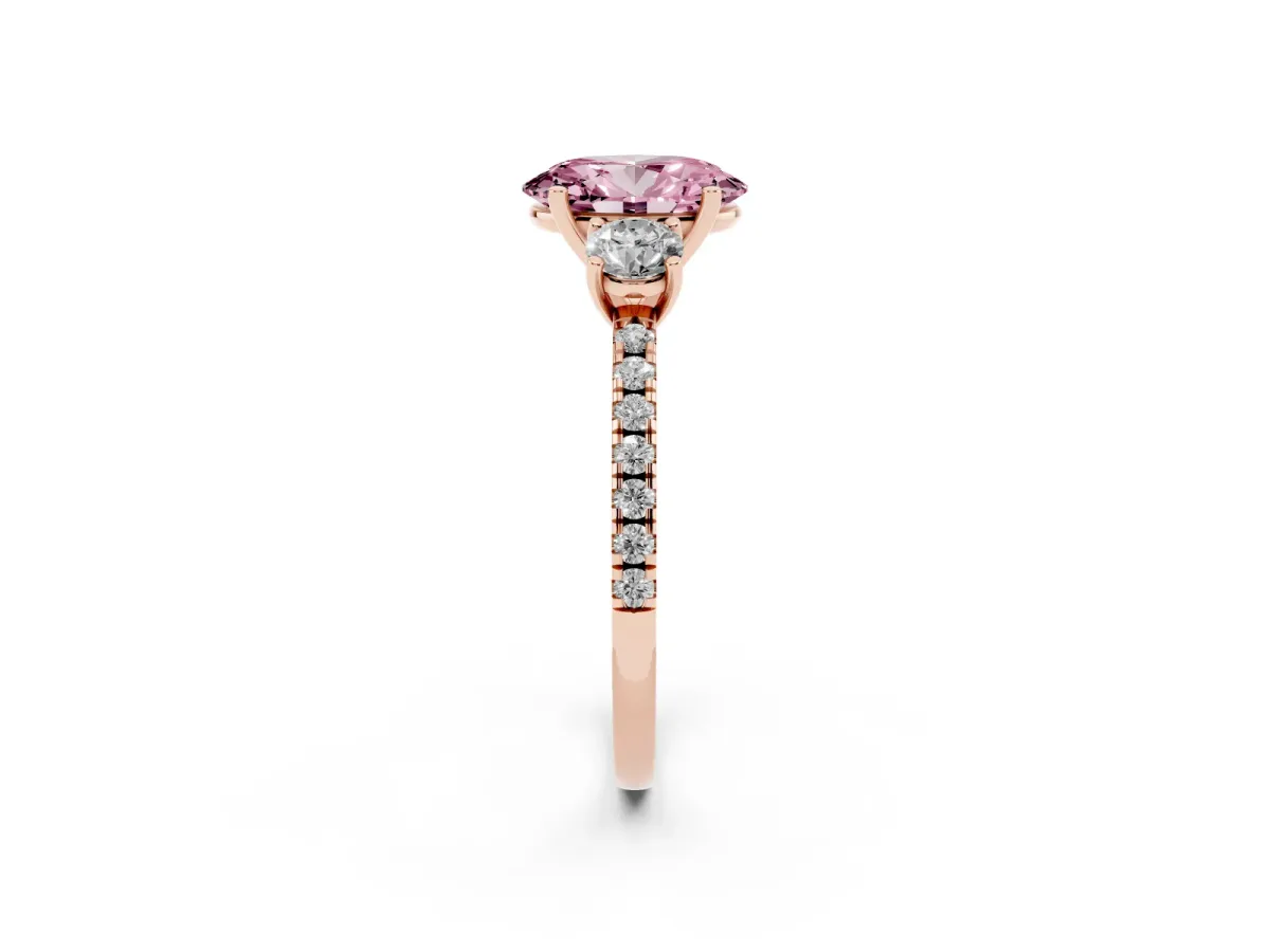 Fancy Pink Three-Stone Oval Cut Cut Diamond Pavé Band with Prong Setting Rose gold