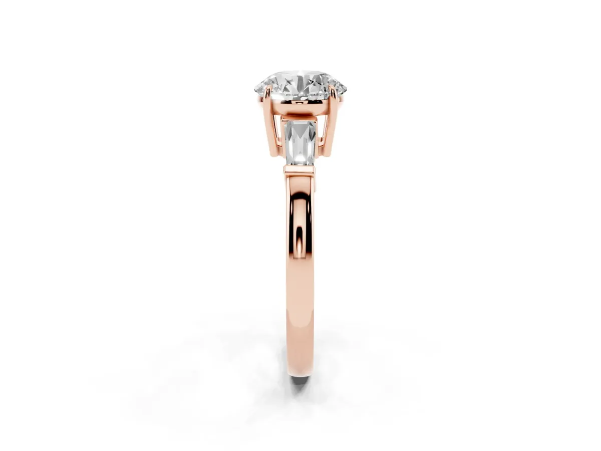 Round Cut Diamond Three-Stone Ring with Tapered Baguette Side Stones and Prong Setting Rose gold