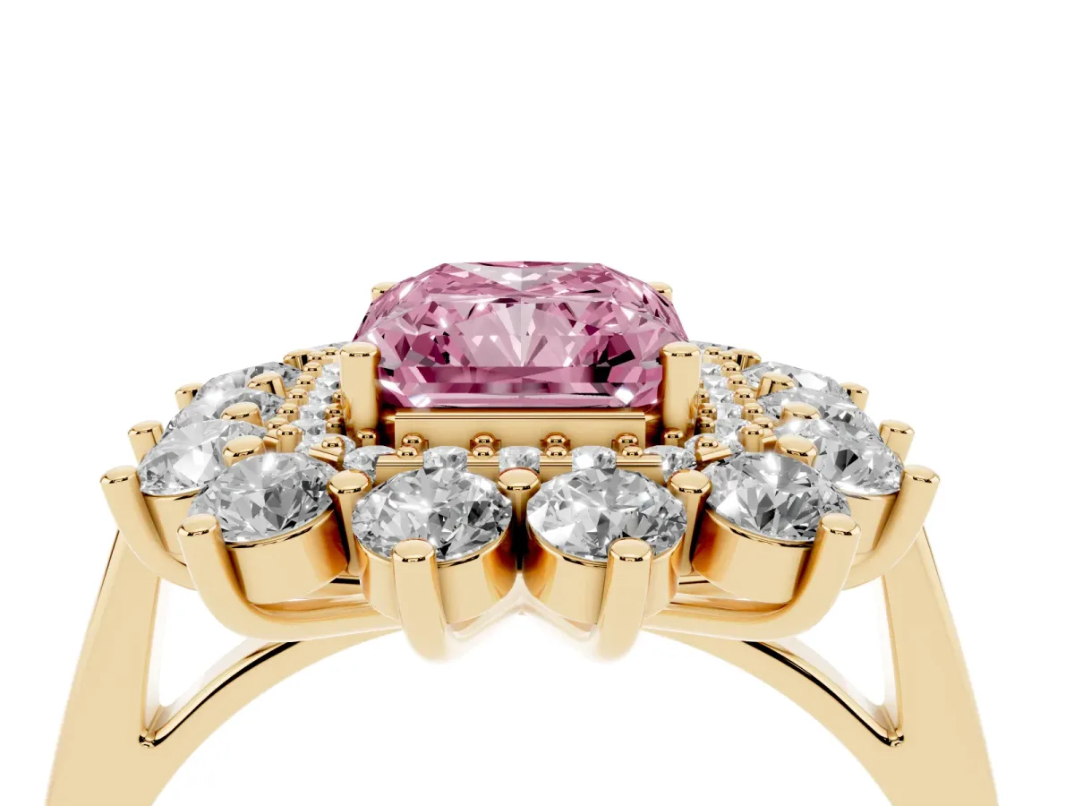 Fancy Pink Radiant Cut Diamond Floral Double Halo Engagement Ring with Prong Setting Yellow gold
