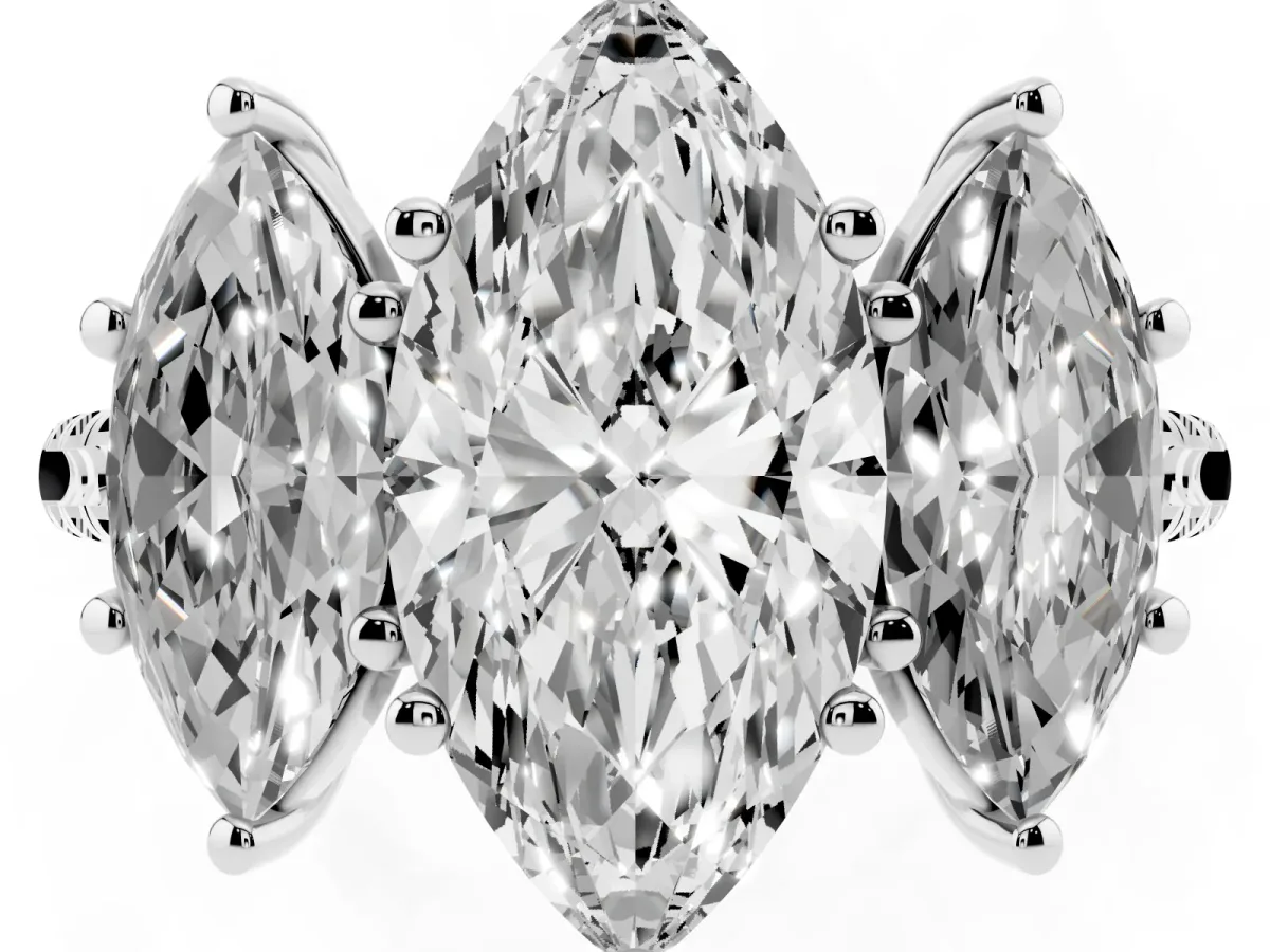 Three-Stone Marquise Cut Diamond Ring with Round Pavé Band and Prong Setting Silver