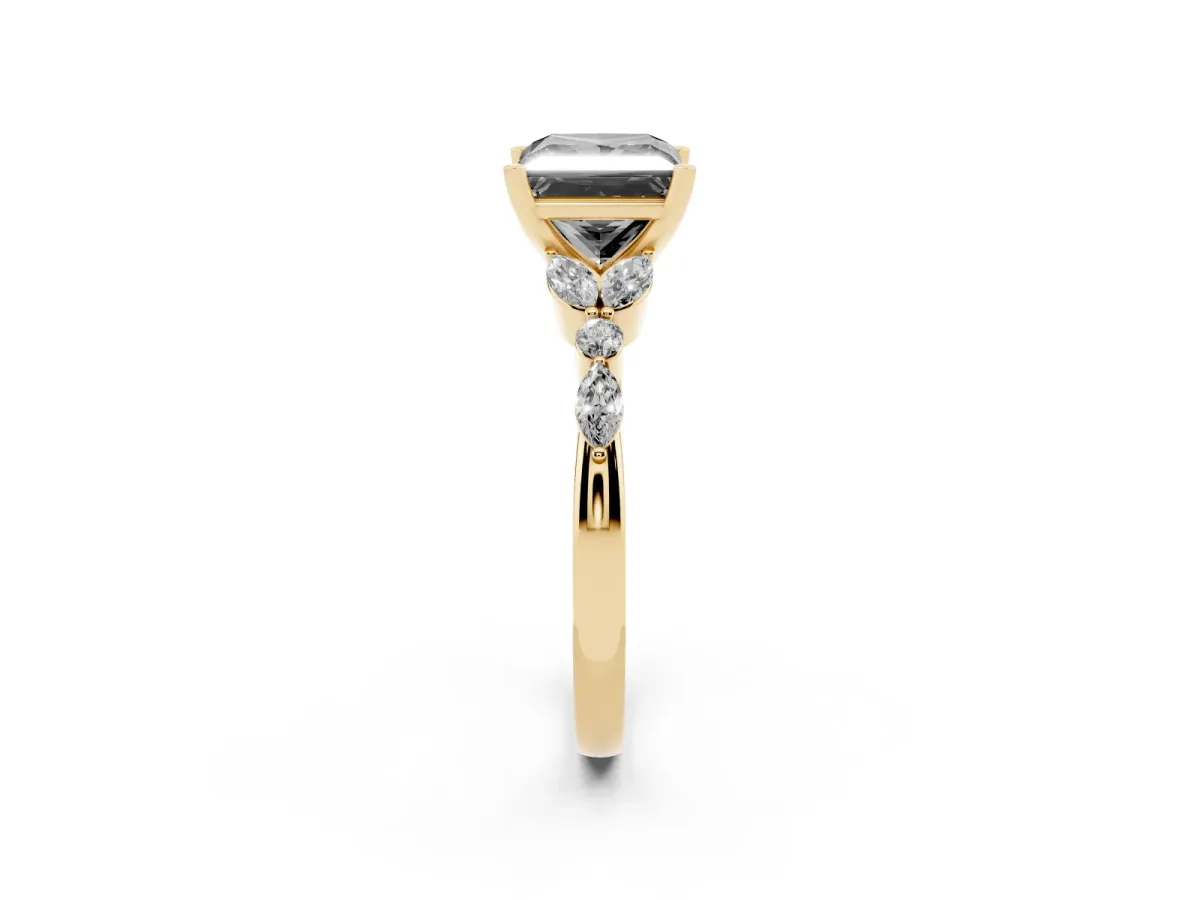 Fancy Black Princess Cut Diamond Solitaire Ring with Side Stones and Four-Prong Setting Yellow gold
