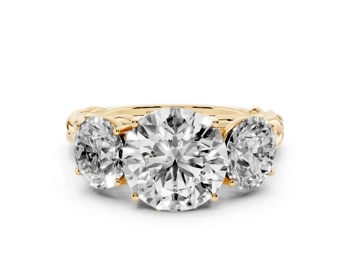 Three-Stone Round Cut Diamond Braided Band Ring with Four-Prong Setting Yellow gold