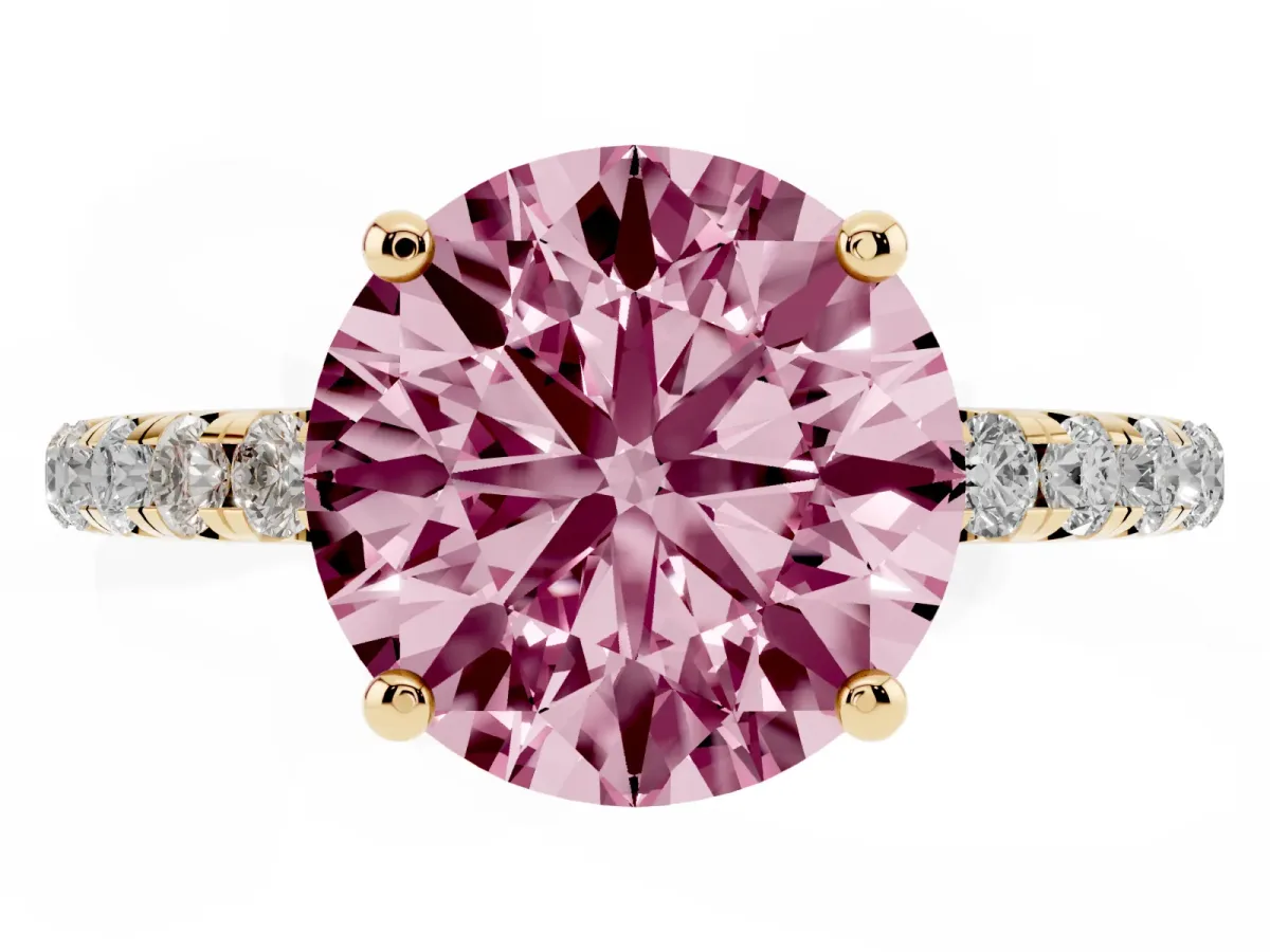 Fancy Pink Round Cut Cut Diamond Solitaire Ring with Micro Pave Band and Four Prong Setting Yellow gold