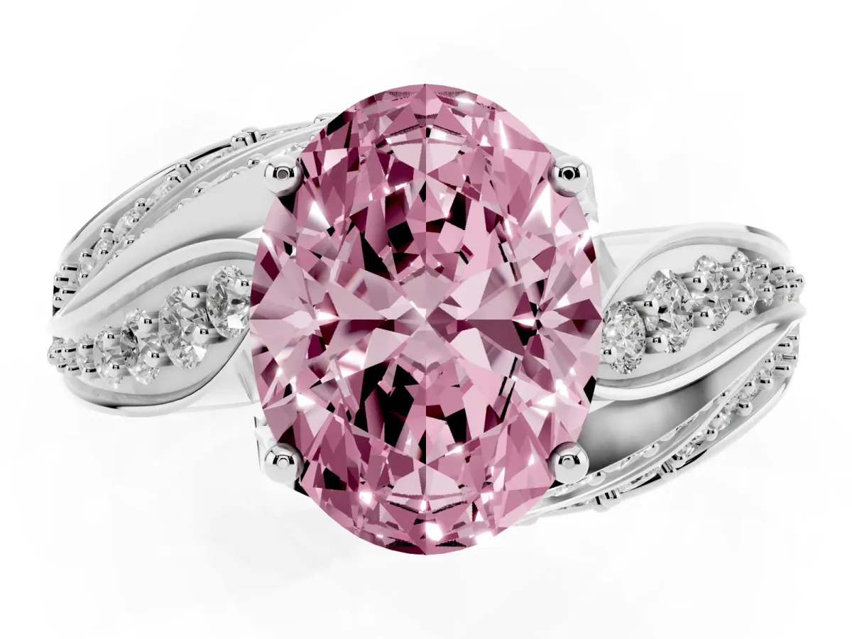 Fancy Pink Oval Cut Diamond Solitaire Ring with Prong Setting and Twisted Pavé Band Silver