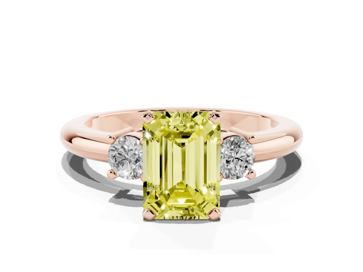 Fancy Yellow Three-Stone Emerald Cut Cut Diamond Solitaire with Prong Setting and Classic Band Rose gold
