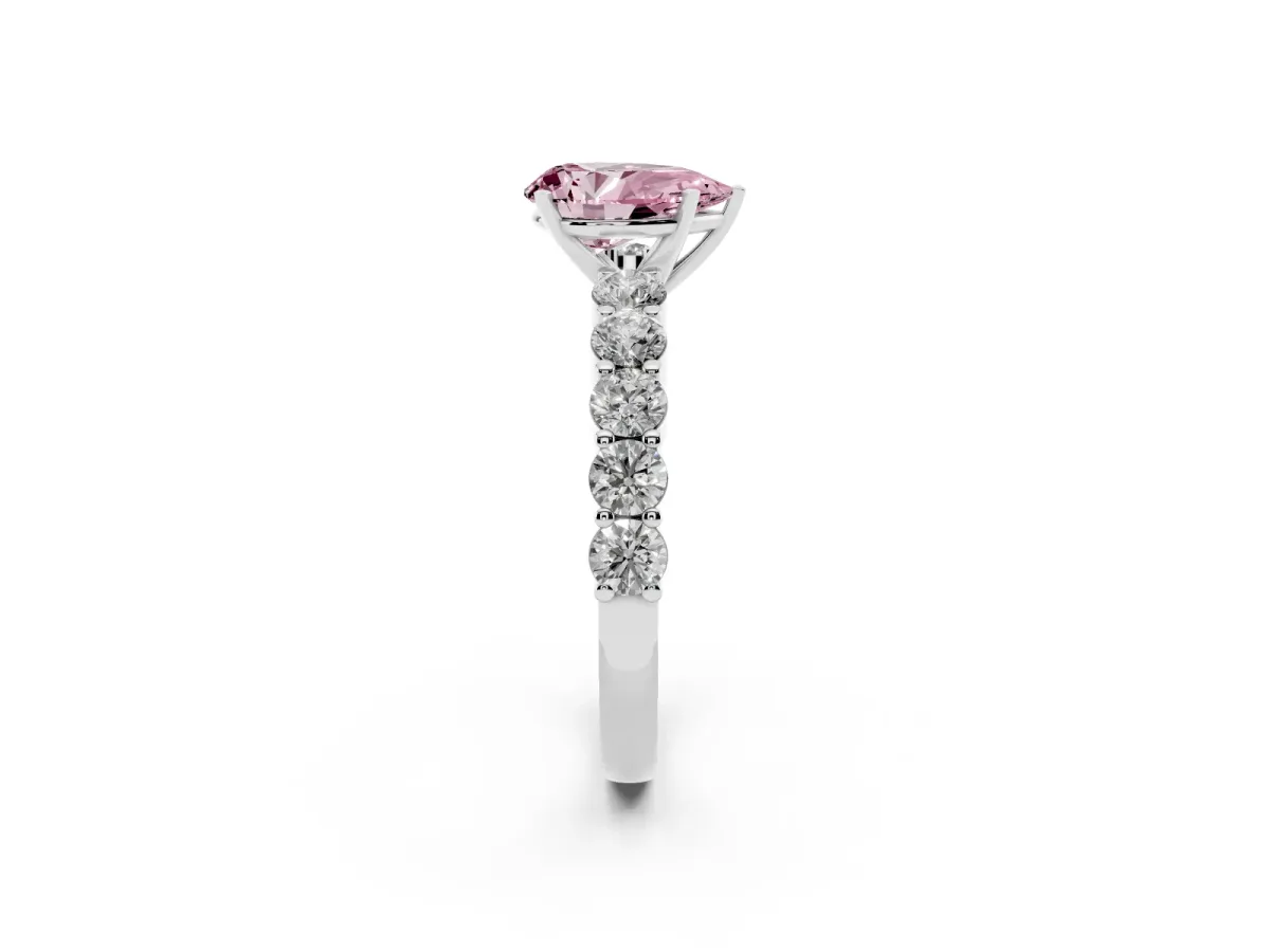 Fancy Pink Pear Cut Diamond Solitaire Ring with Shared Prong Round Side Stones White gold