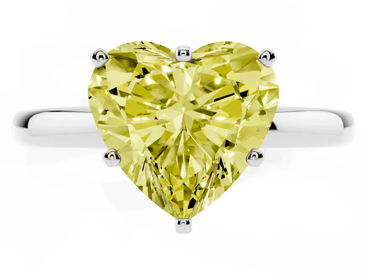 Fancy Yellow Heart Cut Solitaire Diamond Ring with Six-Prong Setting on a Classic Band Silver