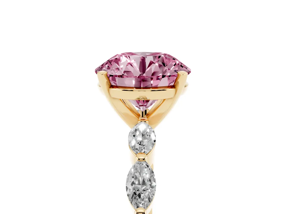 Fancy Pink Round Cut Diamond Ring with Marquise Side Stones and Prong Setting Yellow gold