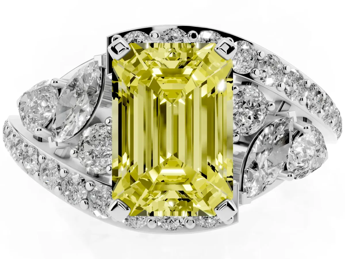 Fancy Yellow Emerald Cut Diamond Halo Ring with Marquise and Pavé Band in Prong Setting Platinum