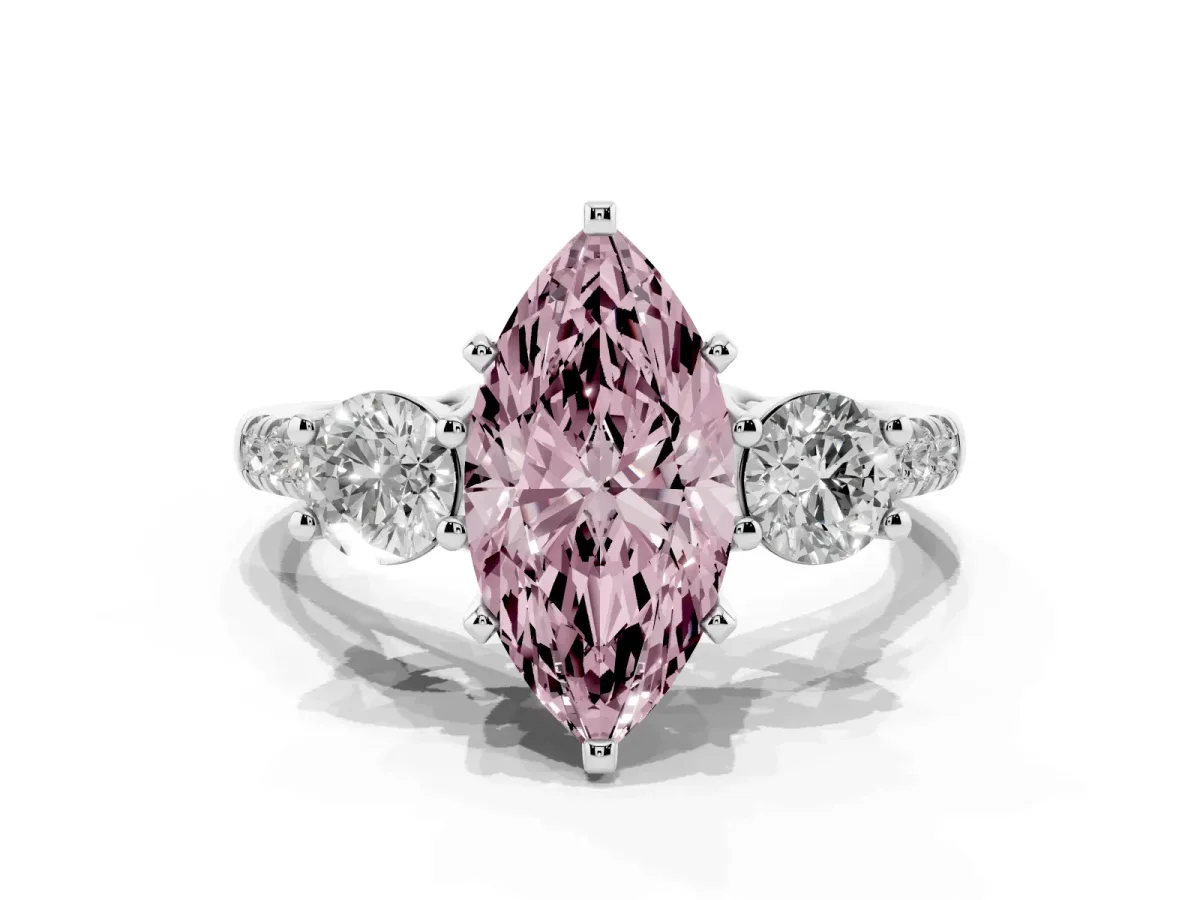 Fancy Pink Three-Stone Marquise Cut Diamond Pavé Band with Four-Prong Setting Silver