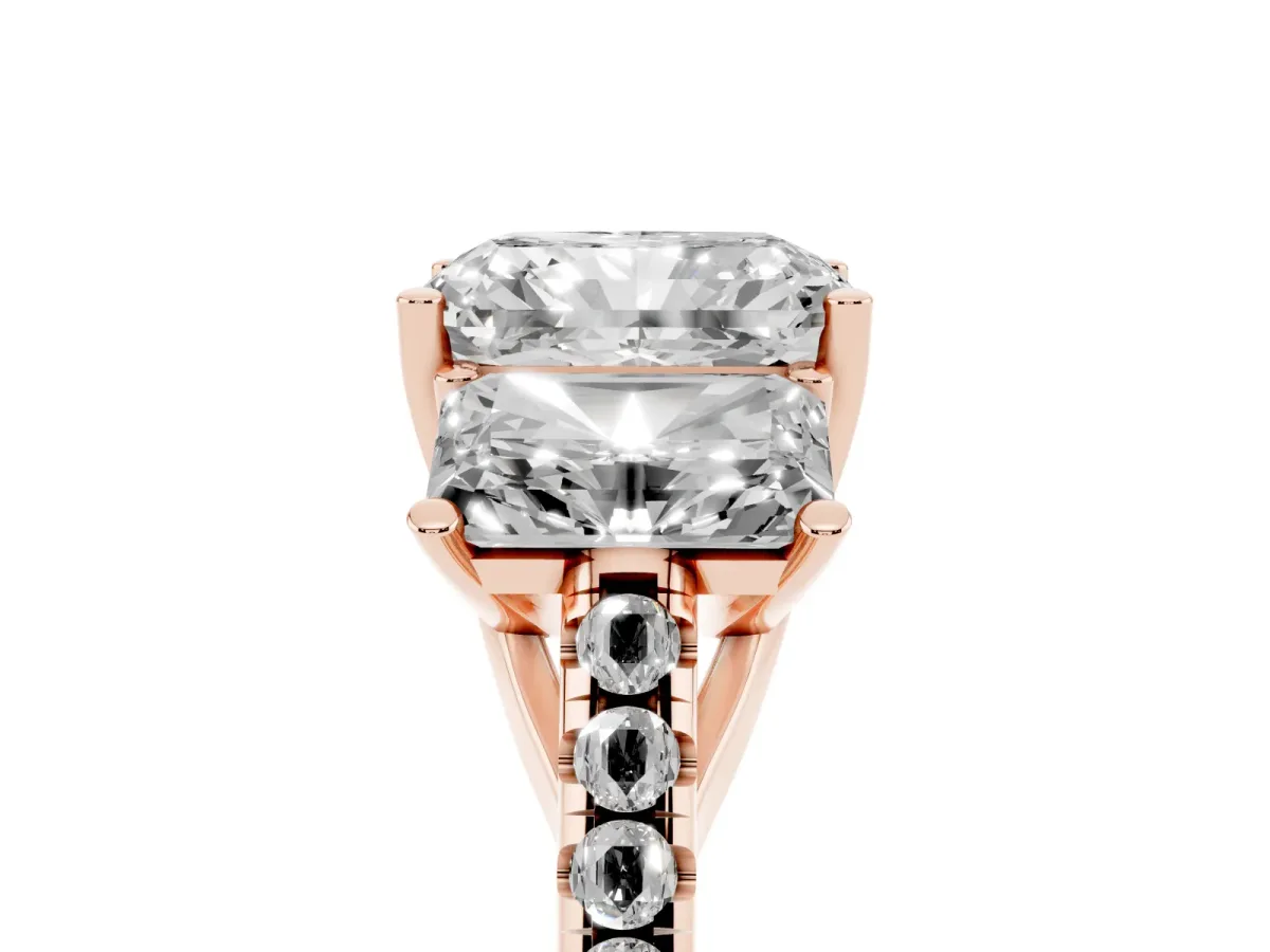 Three-Stone Radiant Cut Diamond Ring with Round Pavé Band and Prong Setting Rose gold