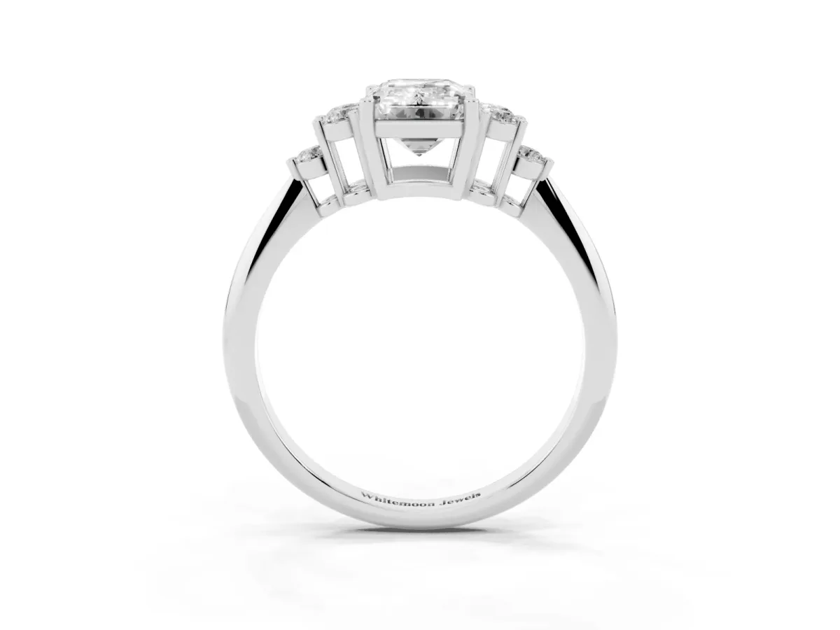 Emerald Cut Cut Diamond Cluster Ring with Solitaire Band and Four-Prong Setting Silver