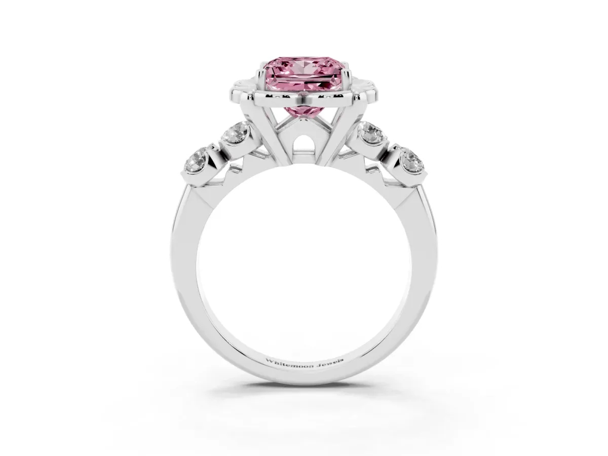 Fancy Pink Princess Cut Cut Diamond Floral Halo Engagement Ring with Shared Prong Setting Platinum