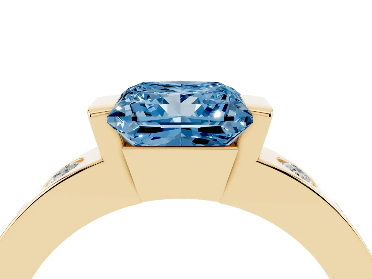 Fancy Blue Princess Cut Brilliant Channel-Set Diamond Ring with Bezel Prong Setting Yellow gold
