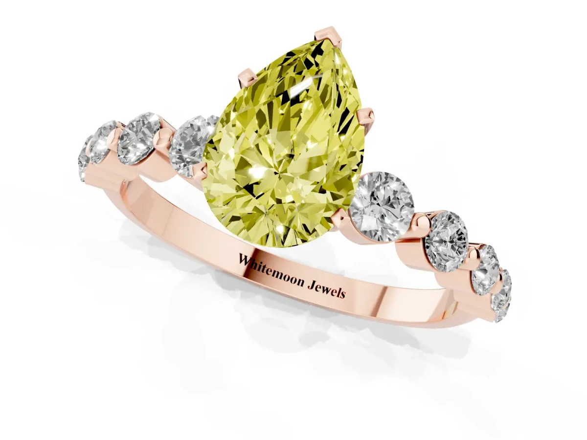Fancy Yellow Pear Cut Solitaire Diamond Ring with Pave Band and Four-Prong Setting Rose gold