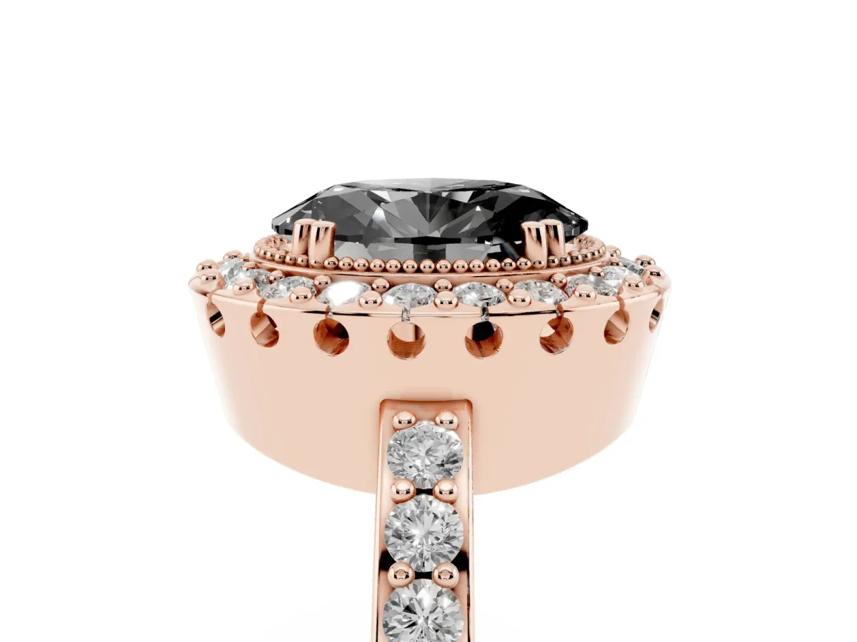 Fancy Black Oval Cut Diamond Halo Ring with Pavé Band and Prong Setting Rose gold