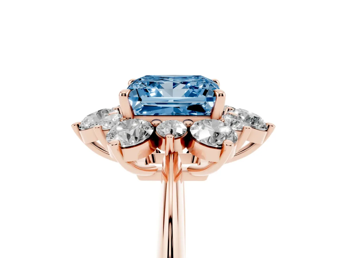 Fancy Blue Princess Cut Diamond Cluster Halo Ring with Solitaire Band and Four-Prong Setting Rose gold