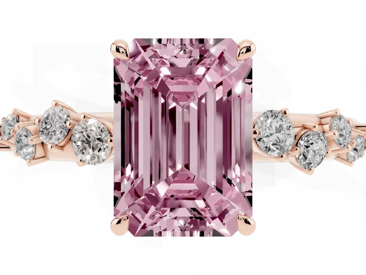 Fancy Pink Emerald Cut Diamond Cluster Prong-Set Solitaire Ring Rose gold