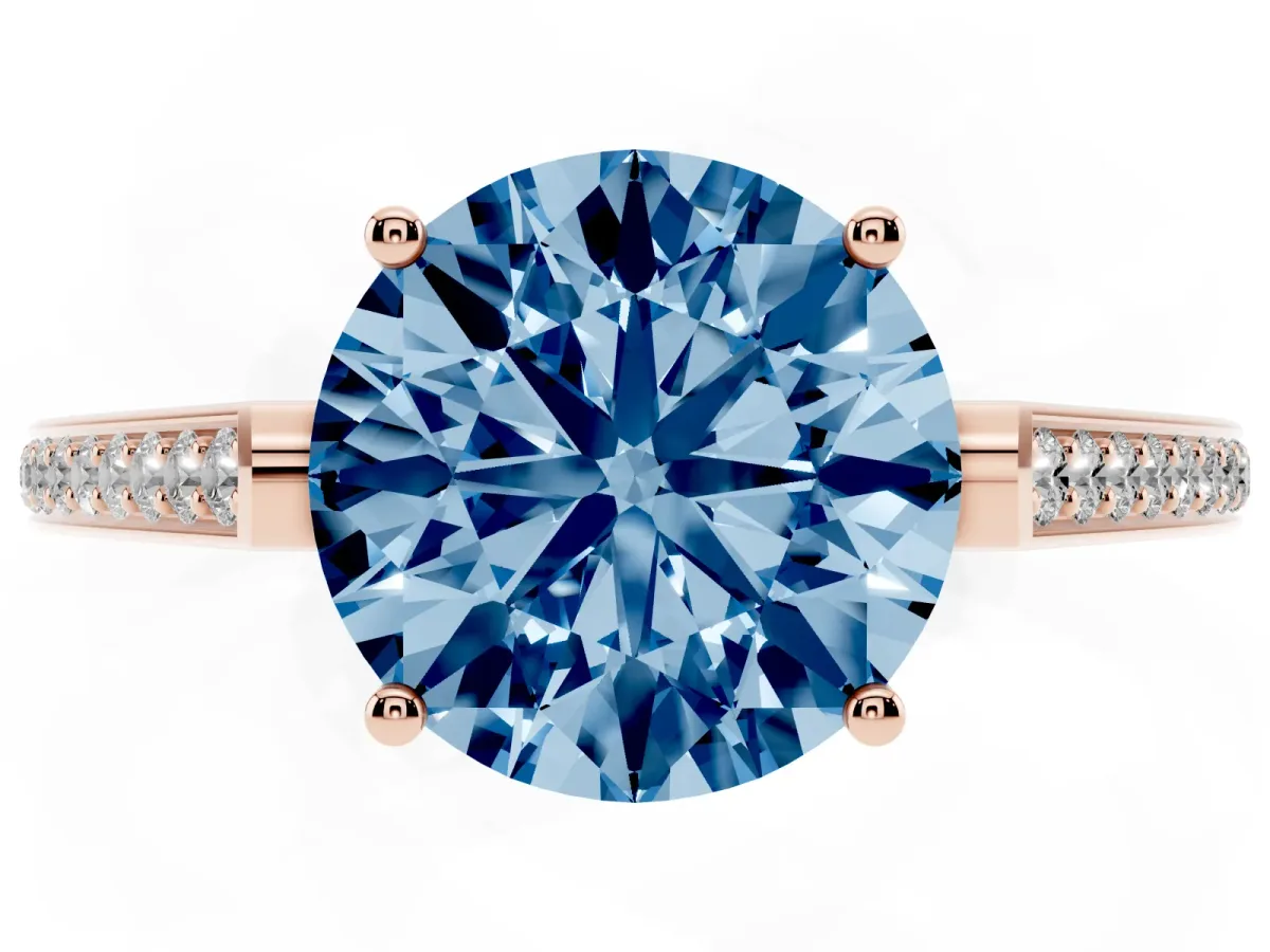 Fancy Blue Round Cut Cut Cathedral Pave Diamond Engagement Ring with Six-Prong Setting Rose gold