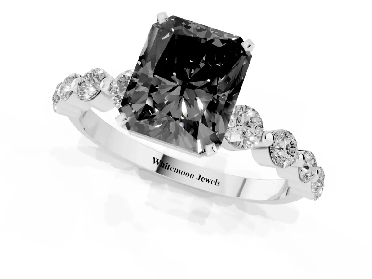Fancy Black Radiant Cut Solitaire Diamond Ring with Pave Band and Four-Prong Setting Silver