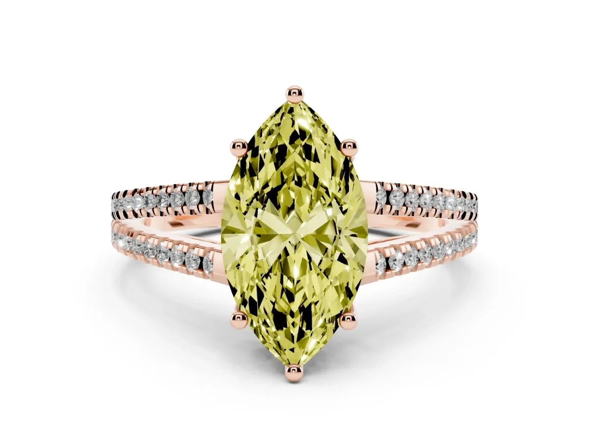 Fancy Yellow Marquise Cut Diamond Solitaire Engagement Ring with Split Shank Pavé Band Rose gold