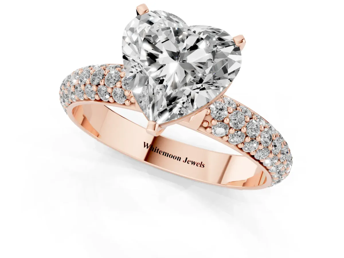 Heart Cut Diamond Solitaire Ring with Prong Setting and Pavé Band Rose gold