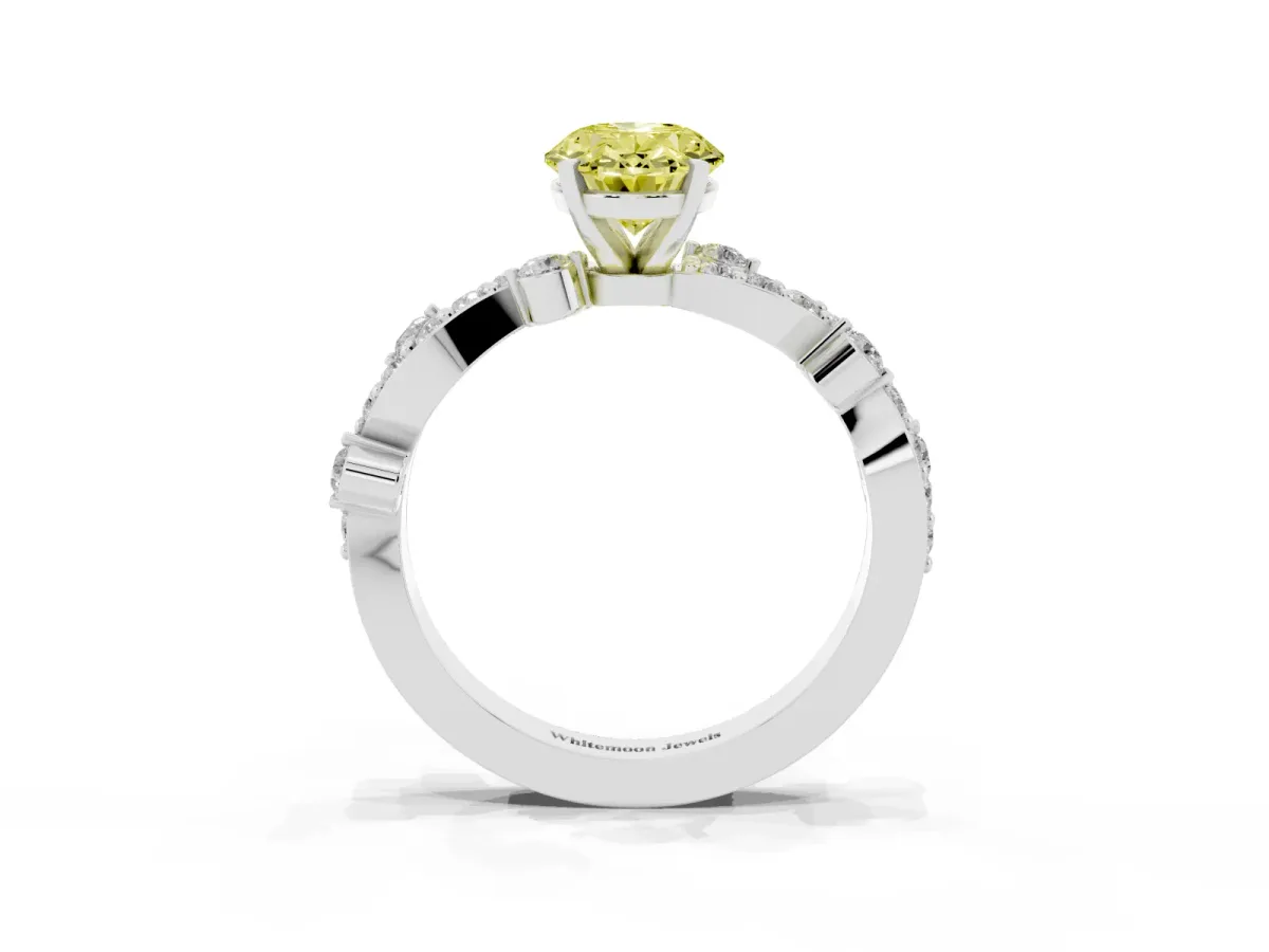 Fancy Yellow Oval Cut Cut Solitaire Diamond Twisted Band with Pave Setting Silver