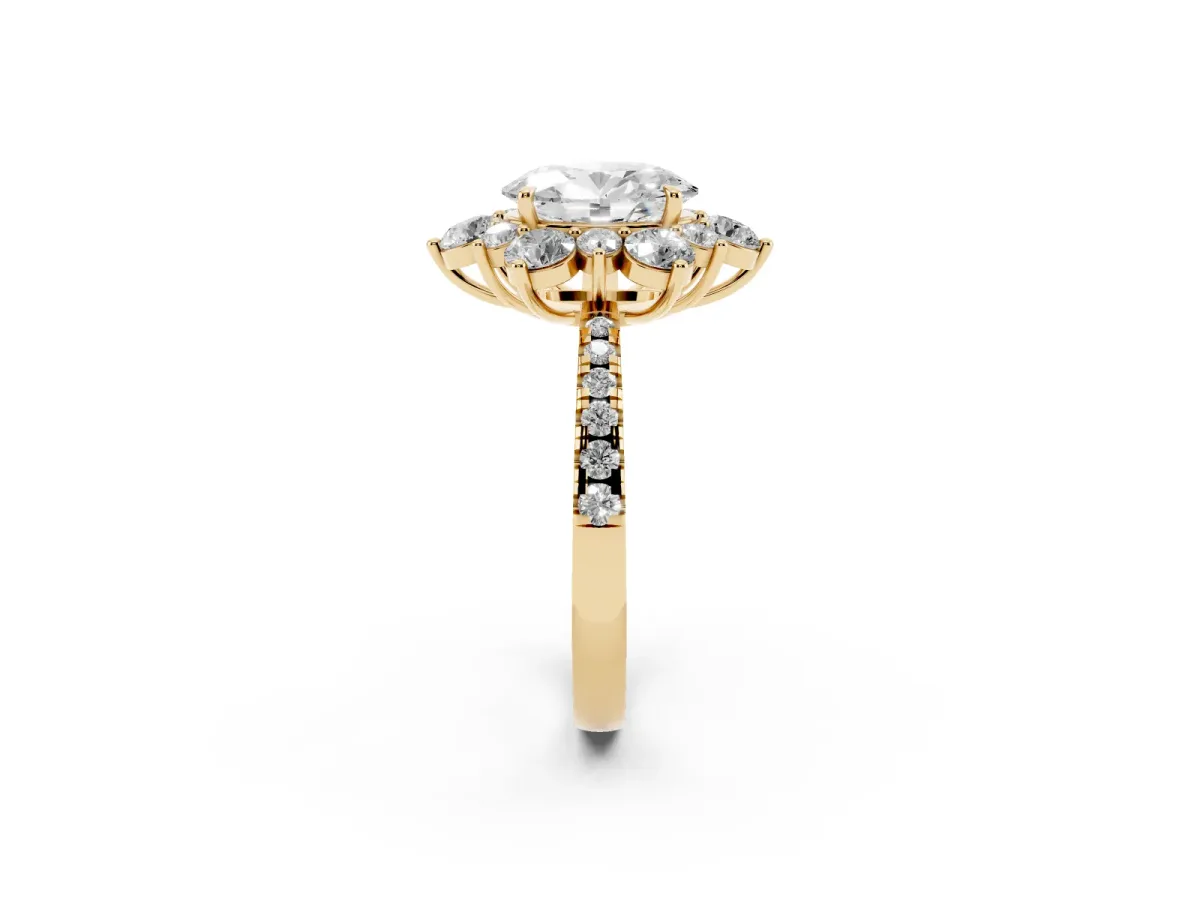 Oval Cut Diamond Floral Halo Ring with Round Pavé Band and Prong Setting Yellow gold