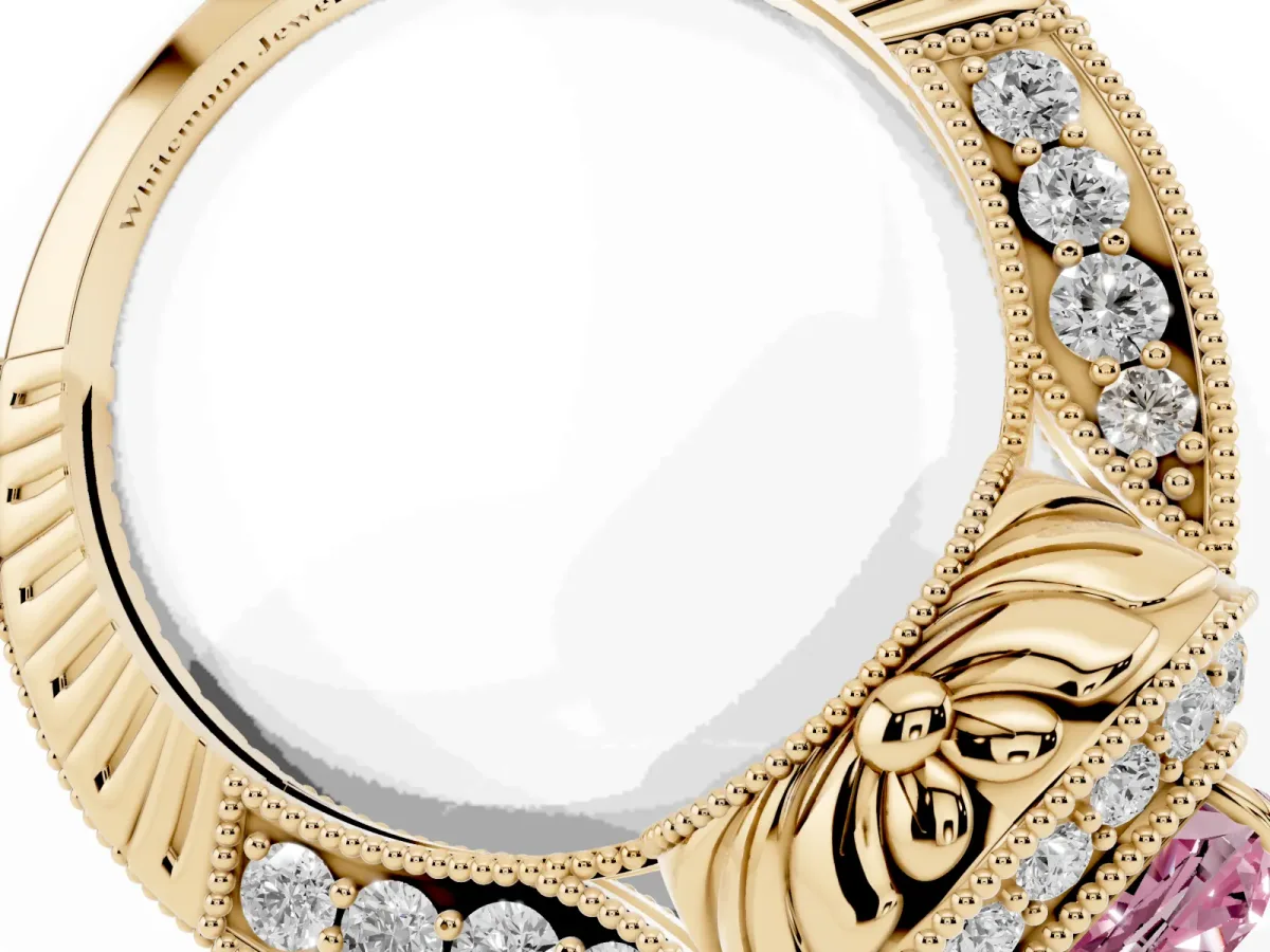 Fancy Pink Cushion Cut Halo Diamond Split Shank Ring with Milgrain Detail Yellow gold