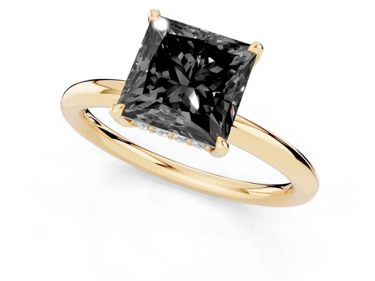 Fancy Black Princess Cut Diamond Solitaire Ring with Thin Band and Four-Prong Setting Yellow gold