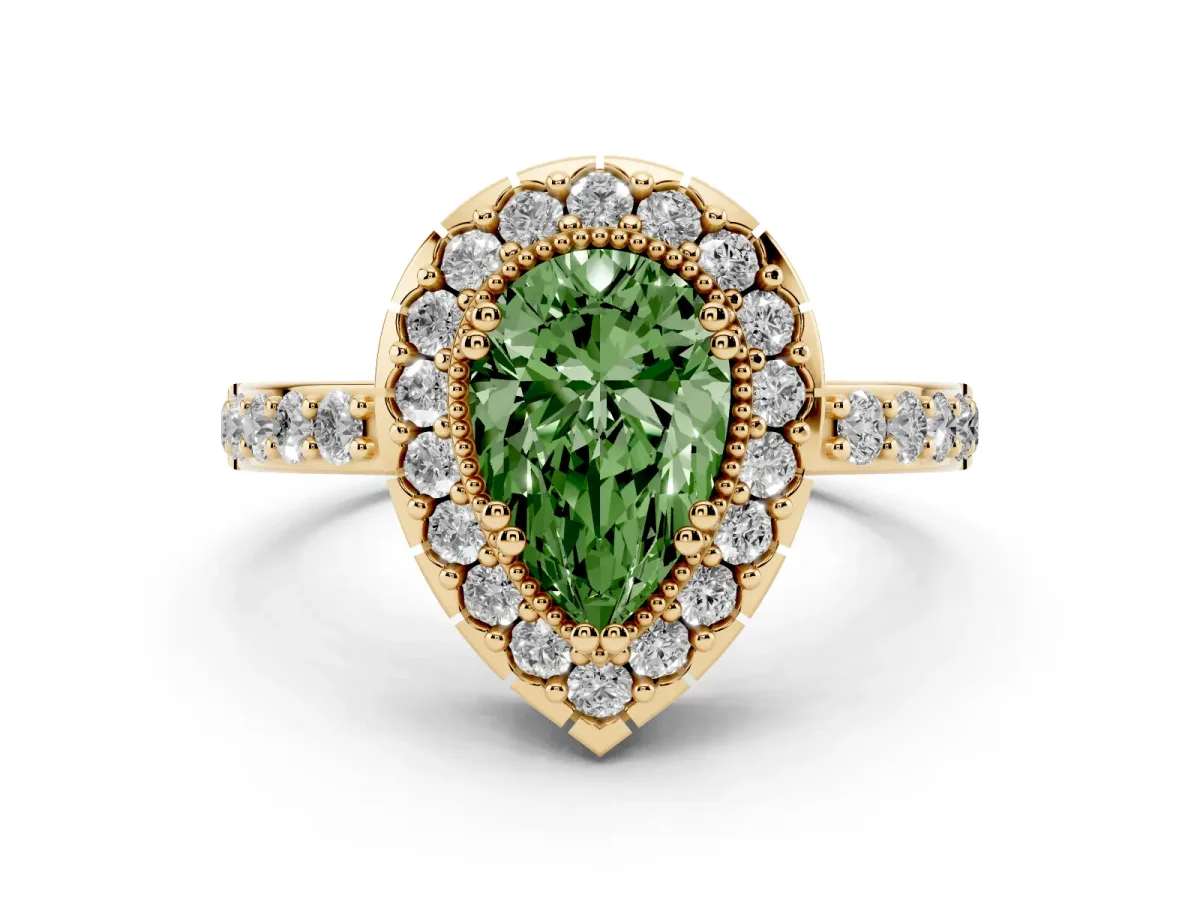 Fancy Green Pear Cut Diamond Halo Ring with Pavé Band and Prong Setting Yellow gold