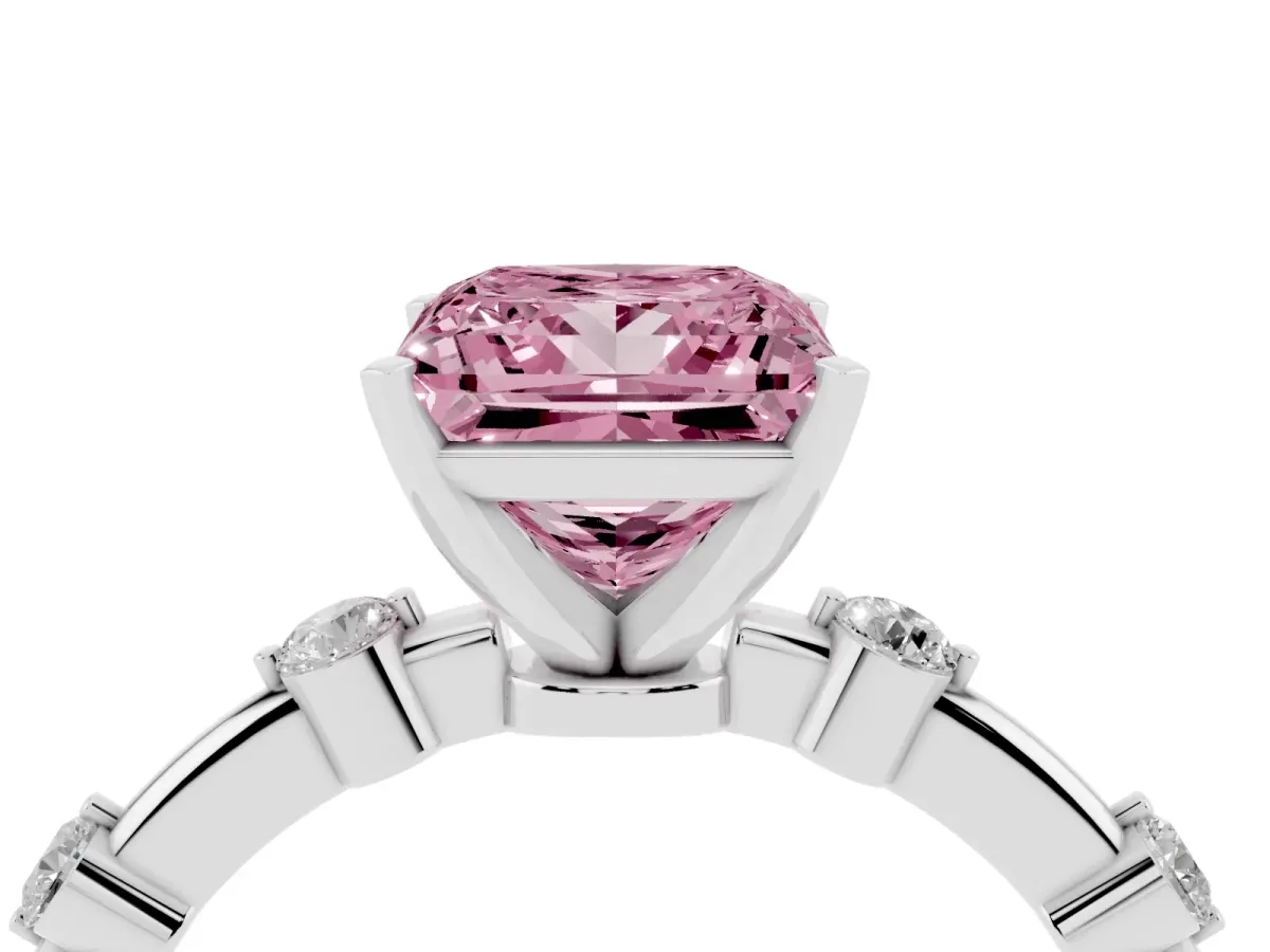 Fancy Pink Princess Cut Solitaire Diamond Ring with Bezel Set Side Stones and Prong Setting Silver
