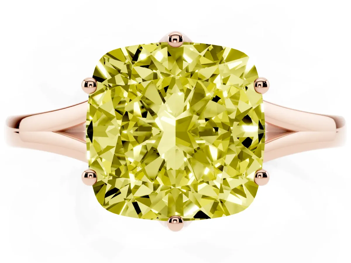 Fancy Yellow Cushion Cut Solitaire Diamond Ring with Six-Prong Setting and Tapered Band Rose gold