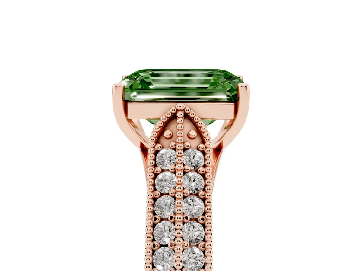Fancy Green Emerald Cut Cut Pave Split Shank Engagement Ring with Four-Prong Setting Rose gold