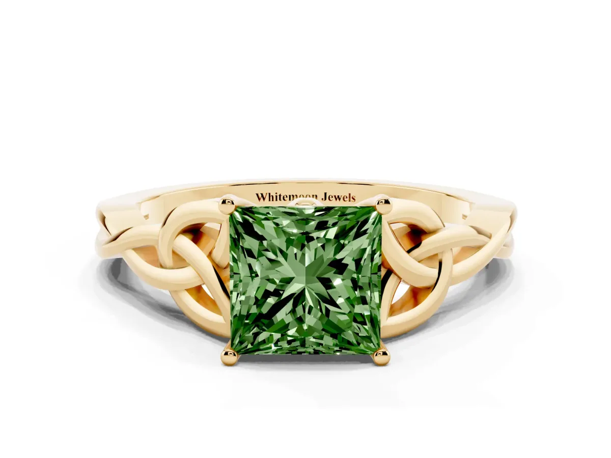Fancy Green Princess Cut Diamond Solitaire Engagement Ring with Celtic Knot Band and Four-Prong Setting Yellow gold