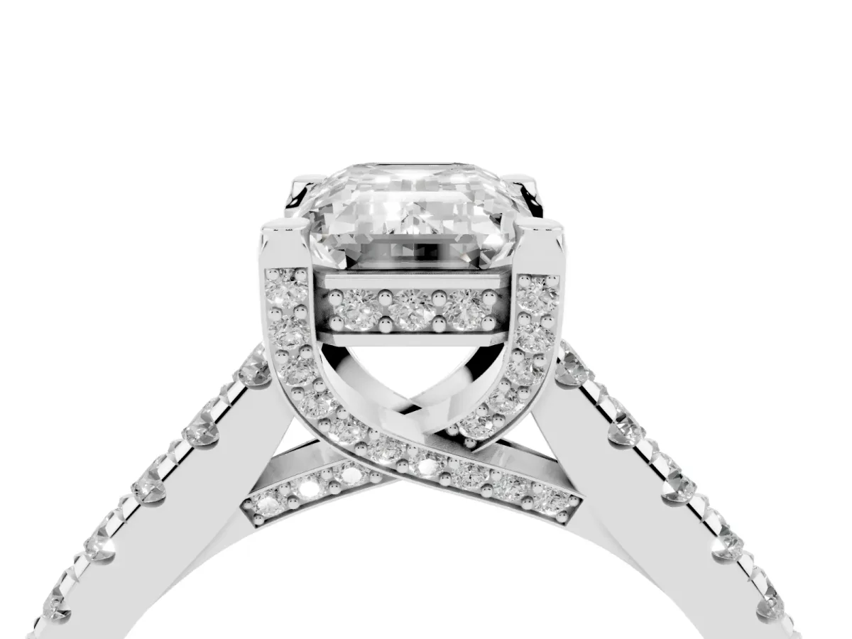 Emerald Cut Brilliant Diamond Solitaire with Pavé Band and Four-Prong Setting Silver
