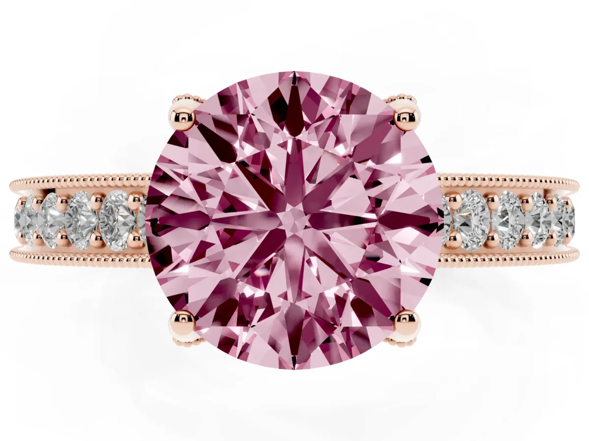 Fancy Pink Round Cut Cut Diamond Solitaire Ring with Milgrain Pave Band and Four Prong Setting Rose gold