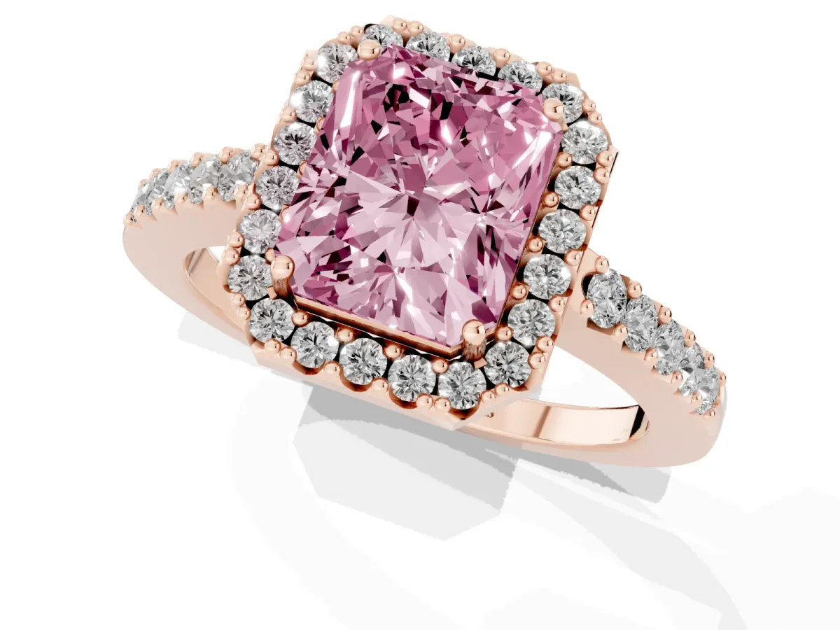 Fancy Pink Radiant Cut Halo Diamond Pavé Solitaire Ring Rose gold