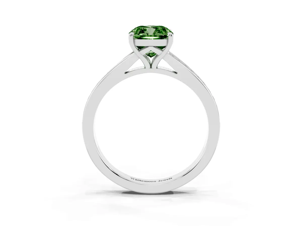 Fancy Green Cushion Cut Diamond Solitaire Ring with Pavé Band and Prong Setting Silver