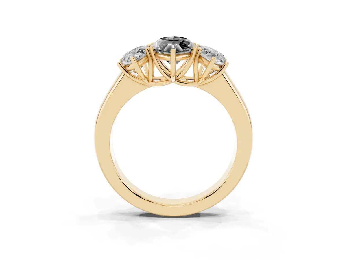Fancy Black Three-Stone Marquise Cut Cut Diamond Ring with Prong Setting and Classic Band Yellow gold