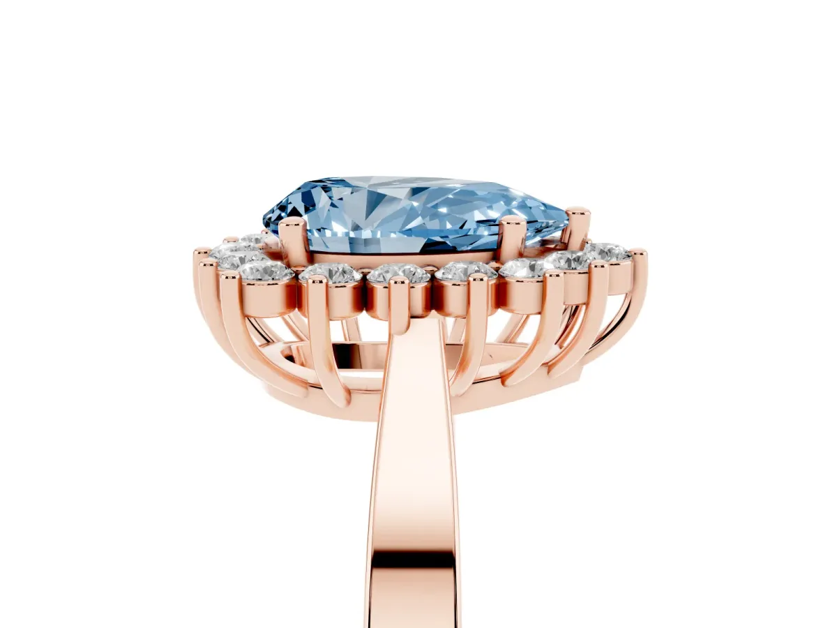 Fancy Blue Pear Cut Cut Diamond Halo Ring with Round Brilliant Halo and Solitaire Band Rose gold