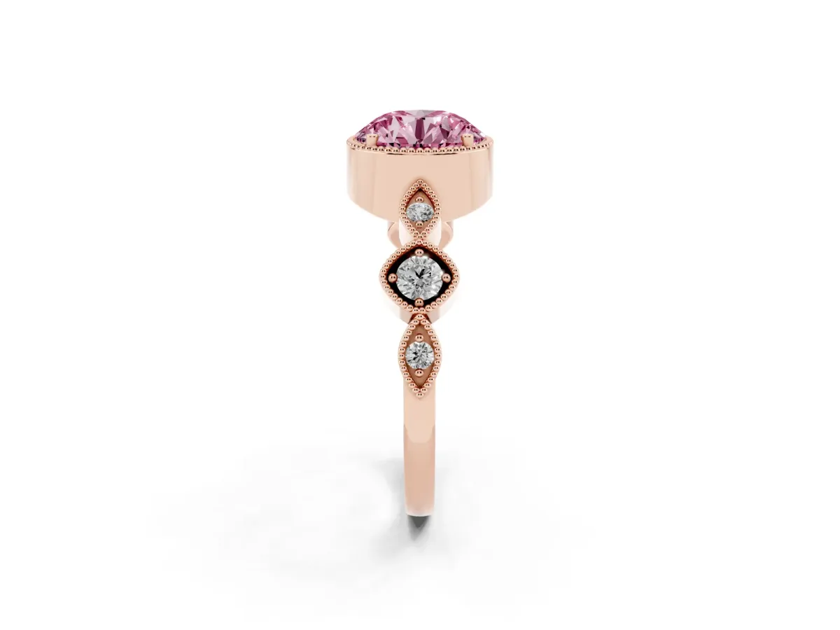 Fancy Pink Round Cut Diamond Vintage Milgrain Ring with Round Stations Rose gold