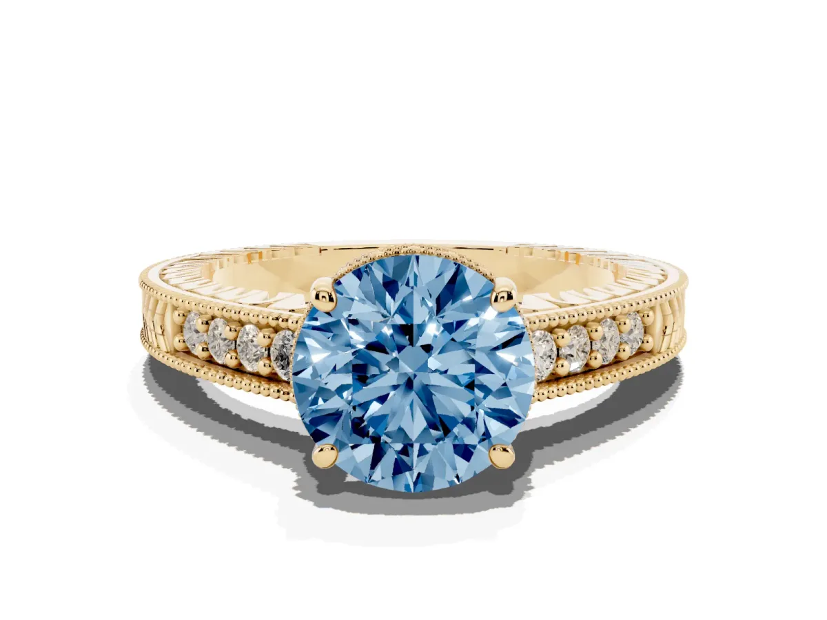 Fancy Blue Round Cut Solitaire Pavé Diamond Milgrain Engagement Ring with Four-Prong Setting Yellow gold