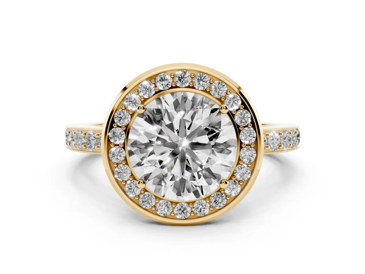 Round Cut Diamond Halo Ring with Bezel Frame and Pavé Band Yellow gold